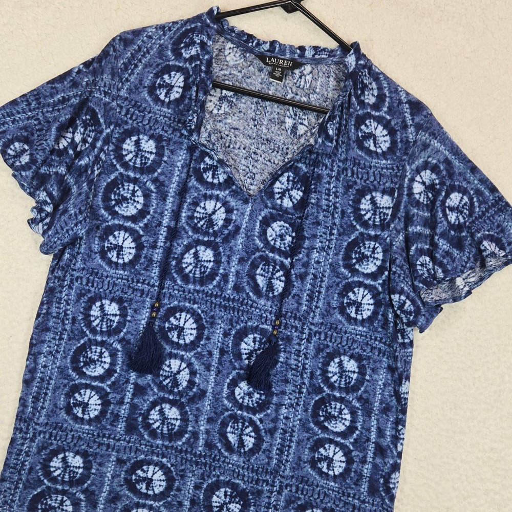 Lauren Ralph Lauren Womens Top Large Blue Tie Dye Medallion Tassel Boho Linen L